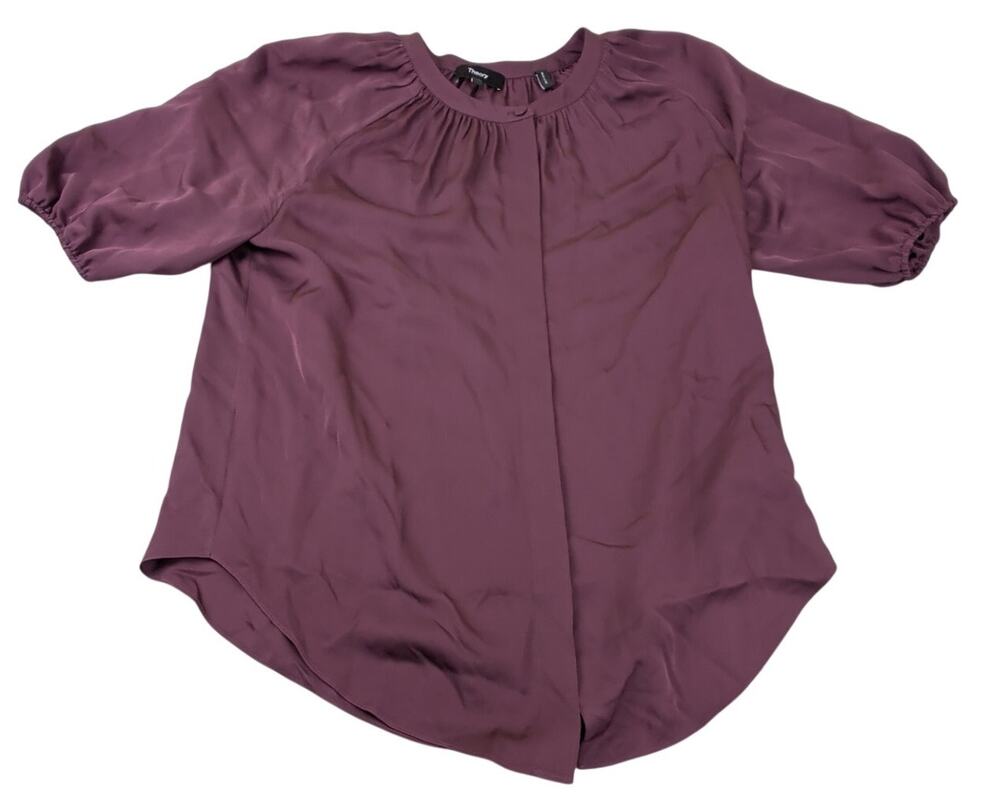 Theory Women's Button Up Maroon 3/4 Sleeve 100% Silk Blouse Office Business Med